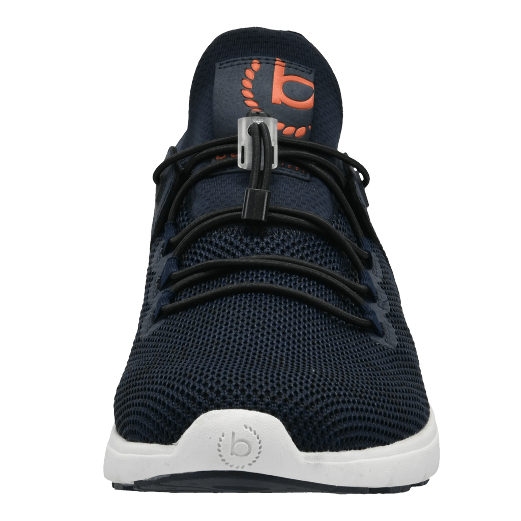 Men's navy trainers with toggle laces, white sole and brown heel panel