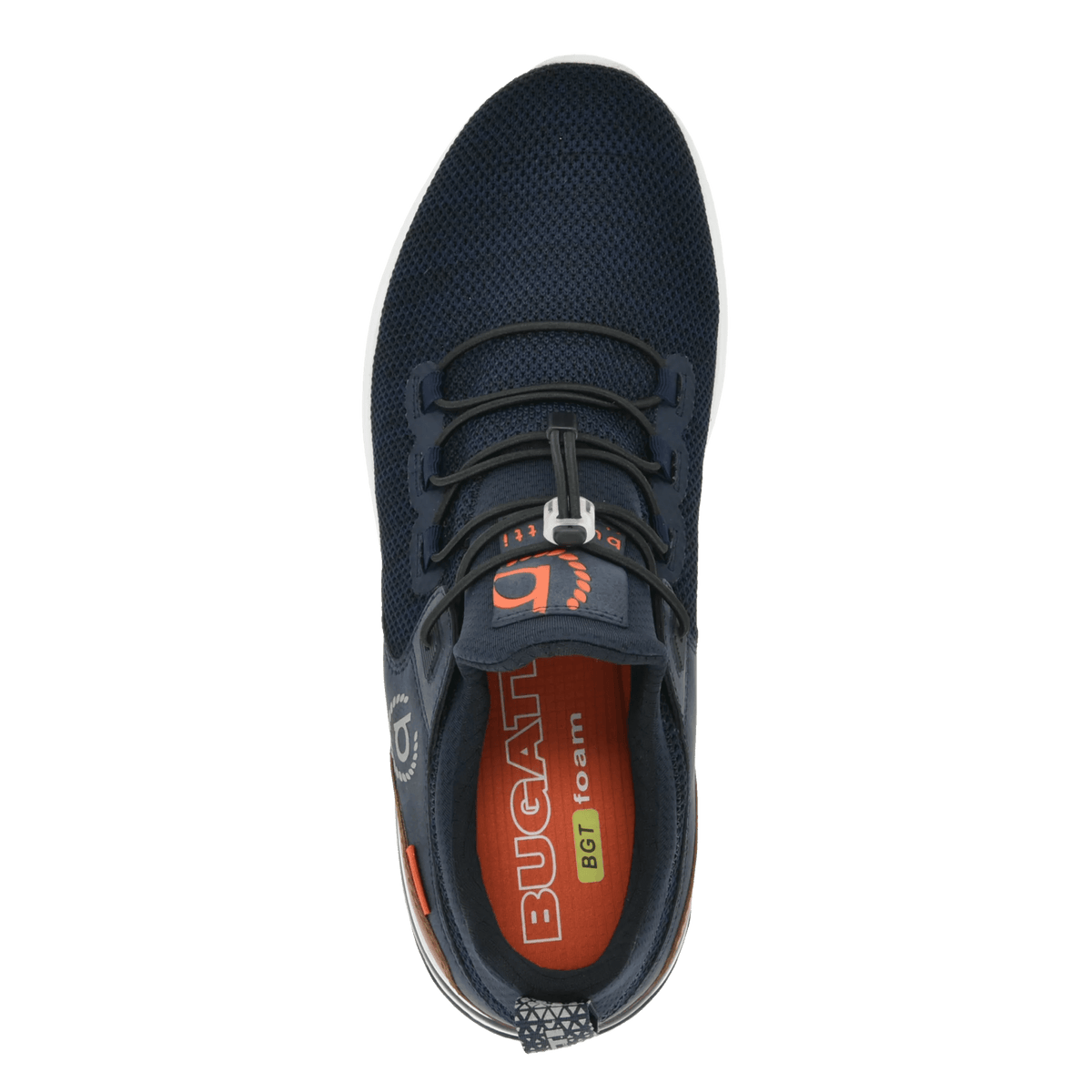 Men's navy trainers with toggle laces, white sole and brown heel panel