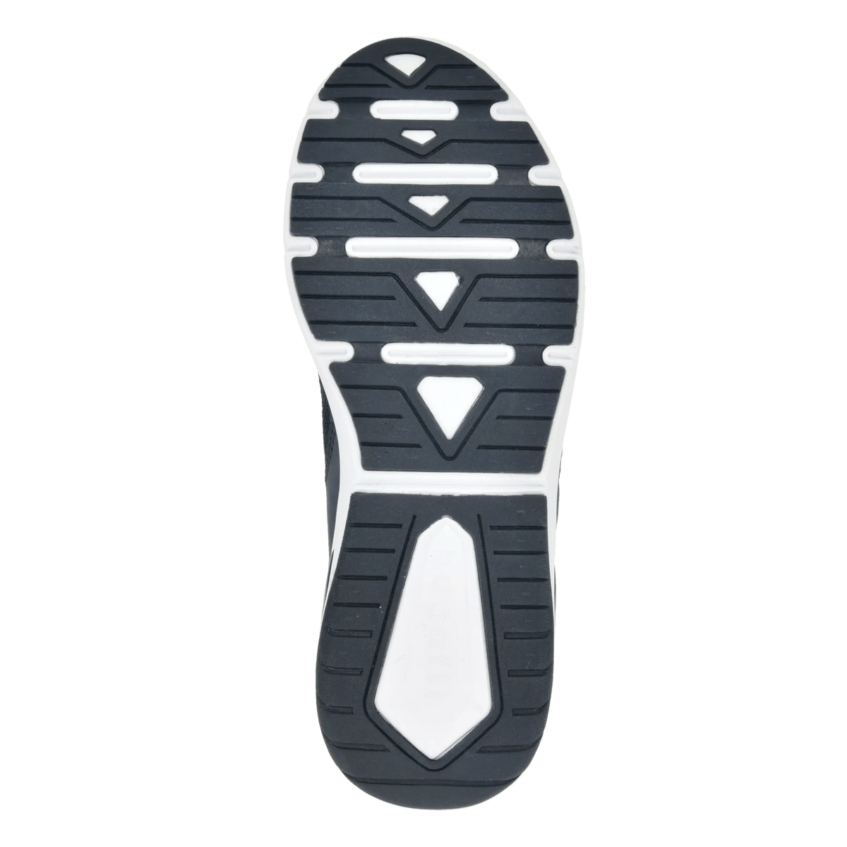 Men's navy trainers with toggle laces, white sole and brown heel panel