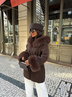Women's brown wrap coat with wide textured collar and cuff trim