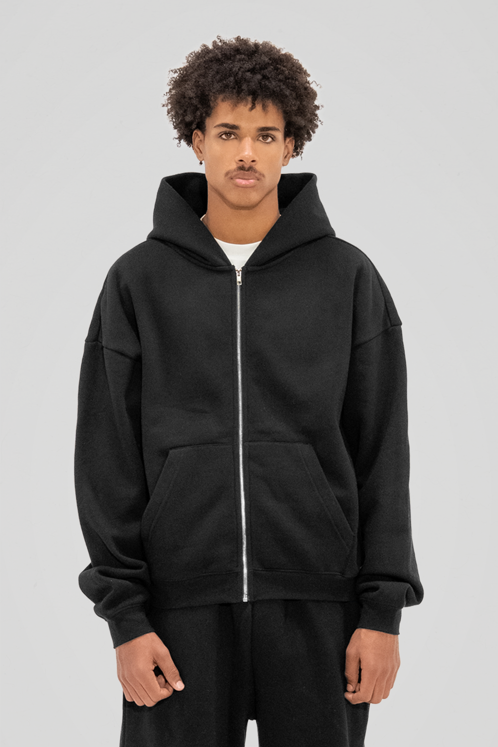 Men's black zip-up hoodie with hood, long sleeves and front kangaroo pocket