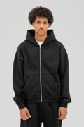 Men's black zip-up hoodie with hood, long sleeves and front kangaroo pocket