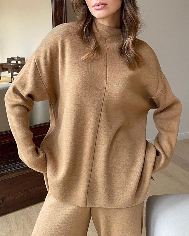 Women's knitted turtleneck top and wide-leg trousers set
