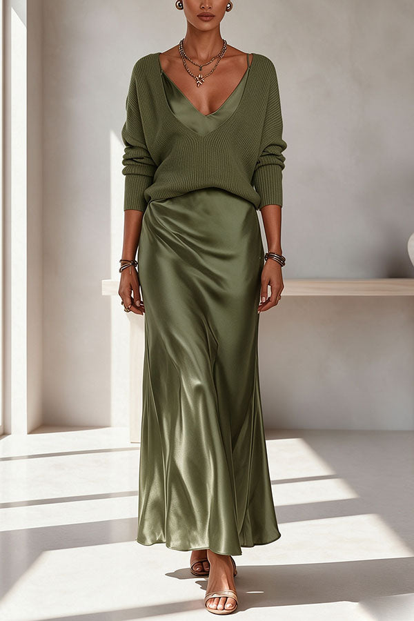 Women's ribbed V-neck sweater and flowing ankle-length skirt set