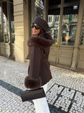Women's brown wrap coat with wide textured collar and cuff trim