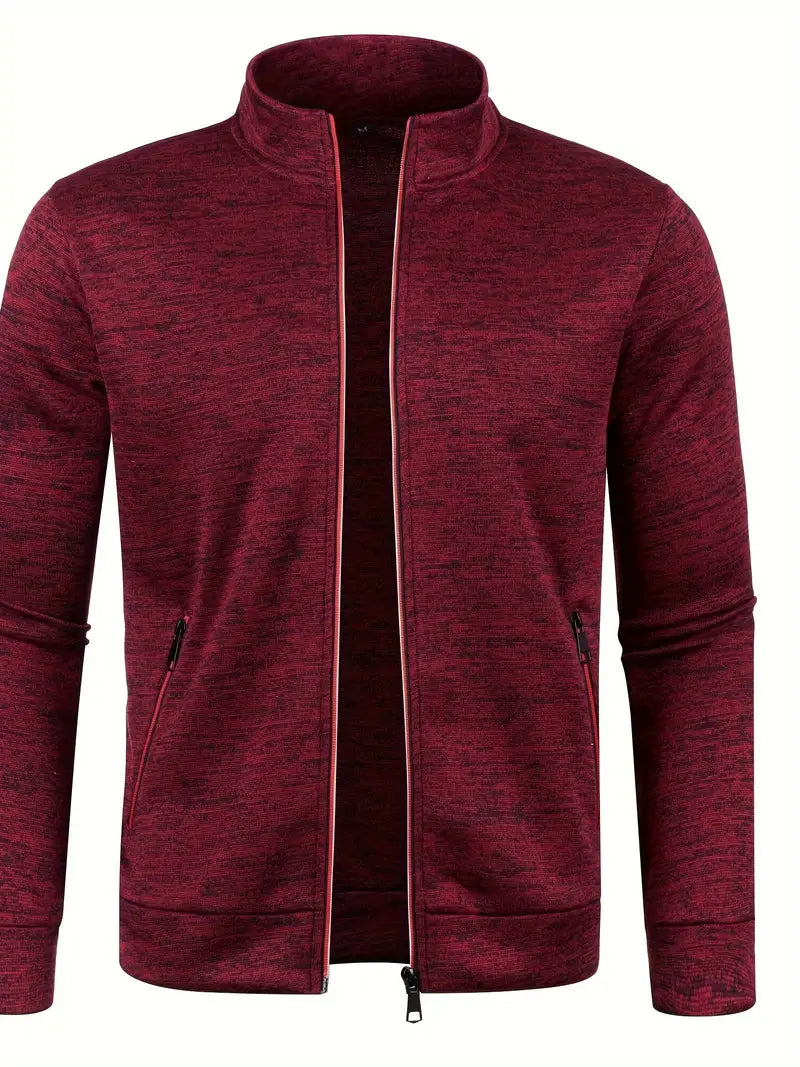 Men's full-zip cardigan with stand collar, long sleeves and zipped side pockets