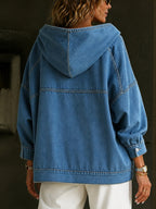 Women's blue hooded sweatshirt with long sleeves, contrast seams and front pouch pocket