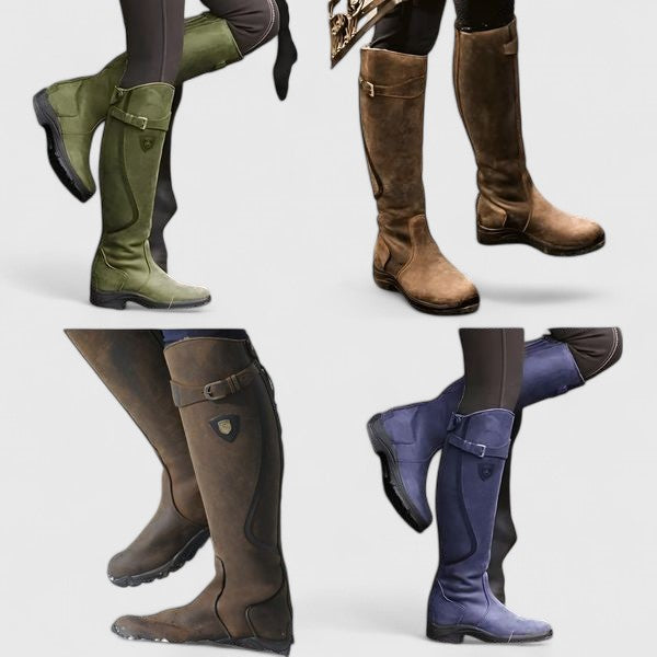 Women's knee-high boots with buckle straps, round toes and low heels