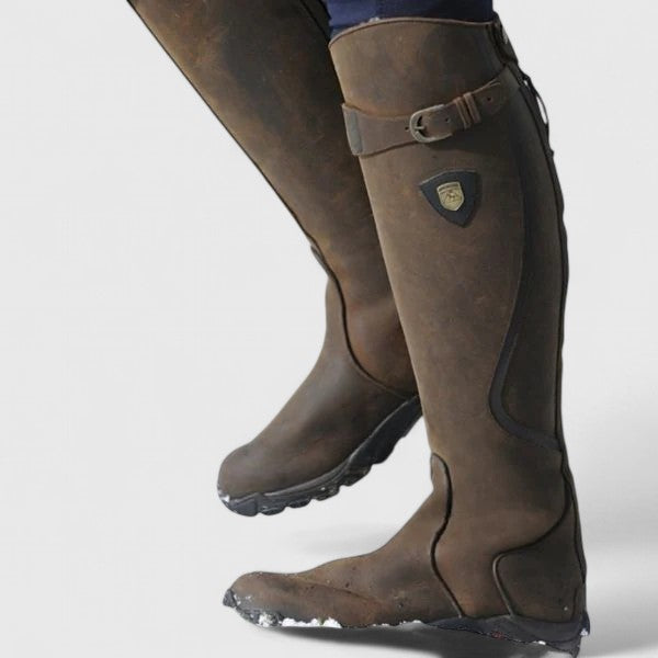 Women's knee-high boots with buckle straps, round toes and low heels