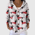 Women's white hooded cardigan with repeated reindeer print, long sleeves and button front