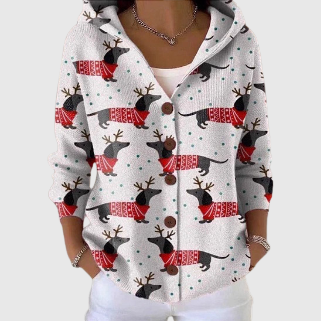 Women's white hooded cardigan with repeated reindeer print, long sleeves and button front