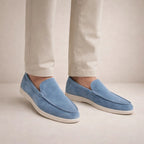 Men's textured slip-on loafers with stitched almond toes and flat soles