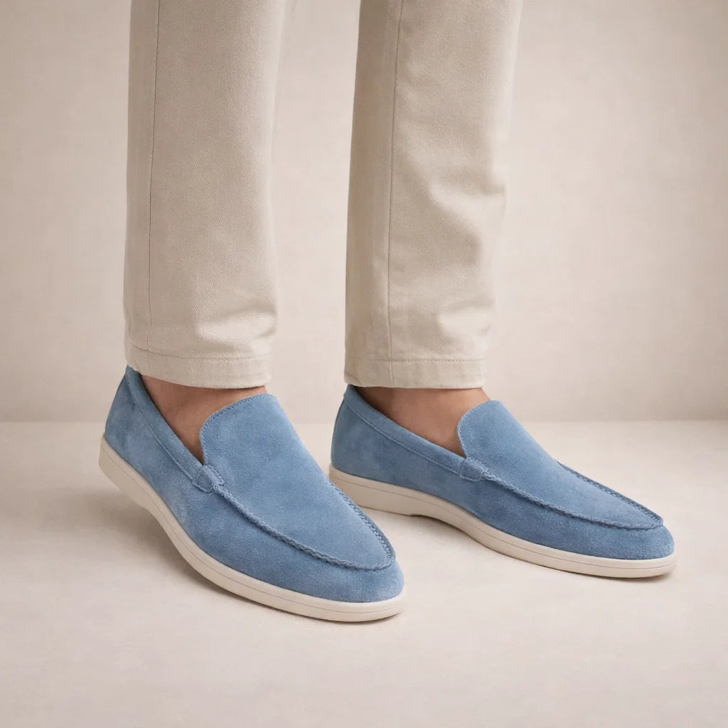 Men's textured slip-on loafers with stitched almond toes and flat soles