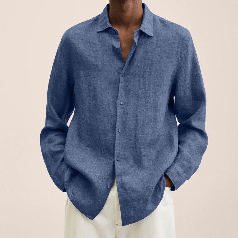 Men's plain long-sleeve collared shirt with button front and curved hem