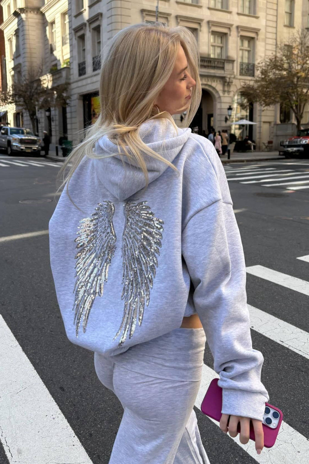 Relaxed hooded sweatshirt with sequin wing graphic on the back