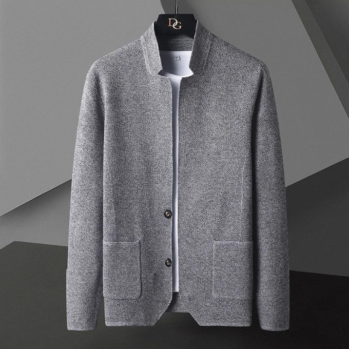 Men's textured cardigan with stand collar, button front and two patch pockets