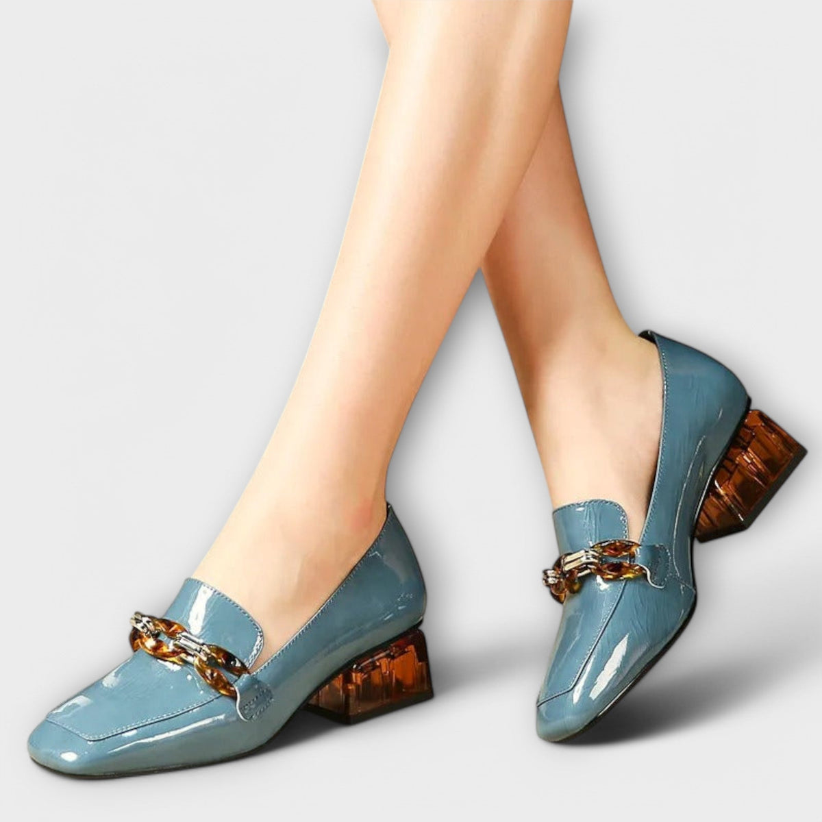 Women's patent loafers with chain detail and mid block heel