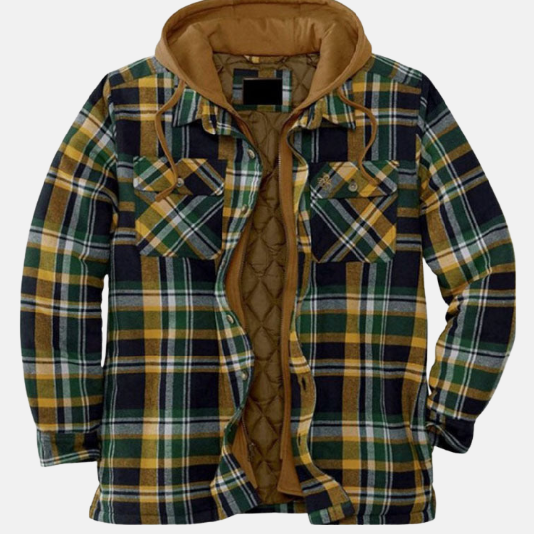 Men's checked hooded jacket with long sleeves, zip front and chest pockets