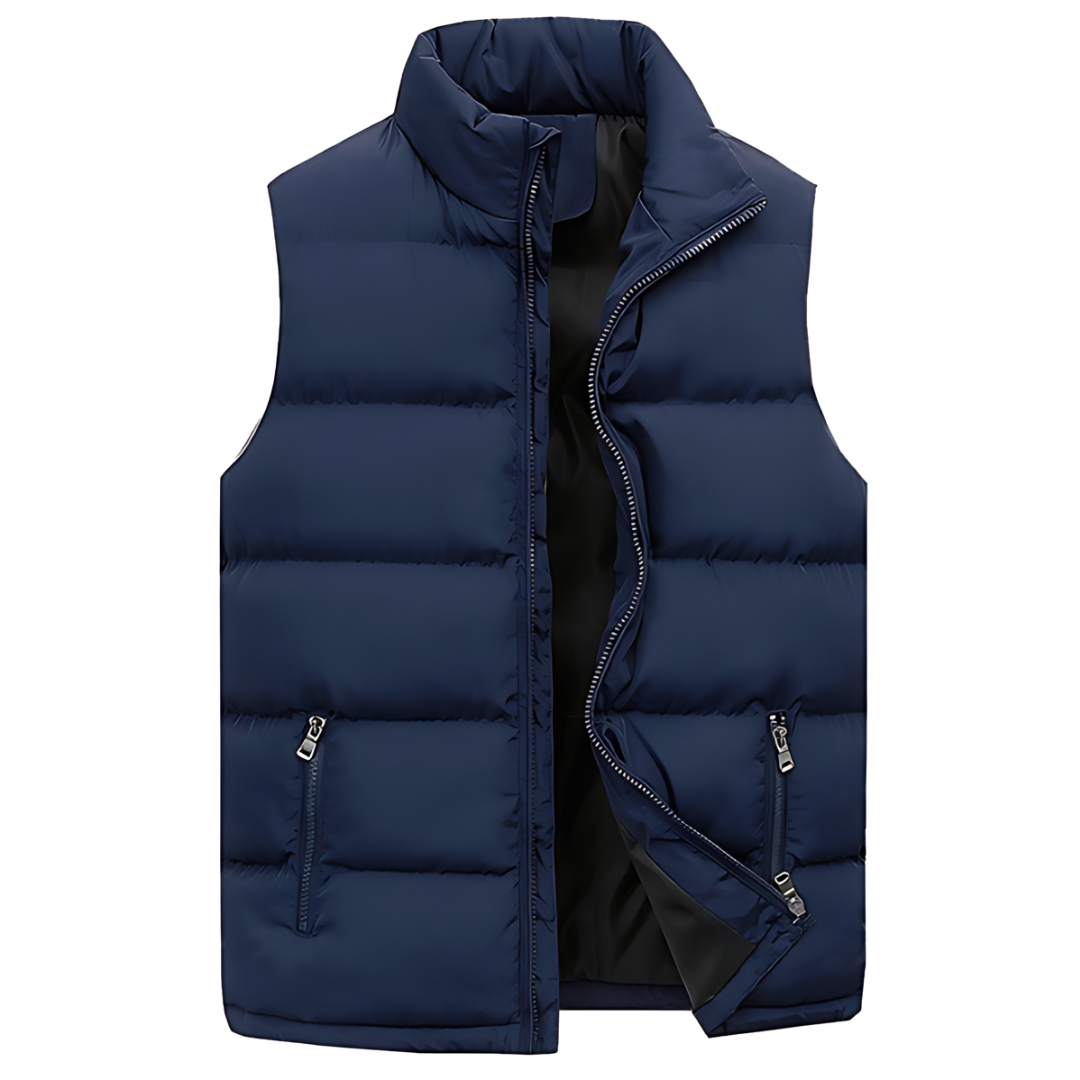Men's quilted padded gilet with high collar, zip front and zipped pockets