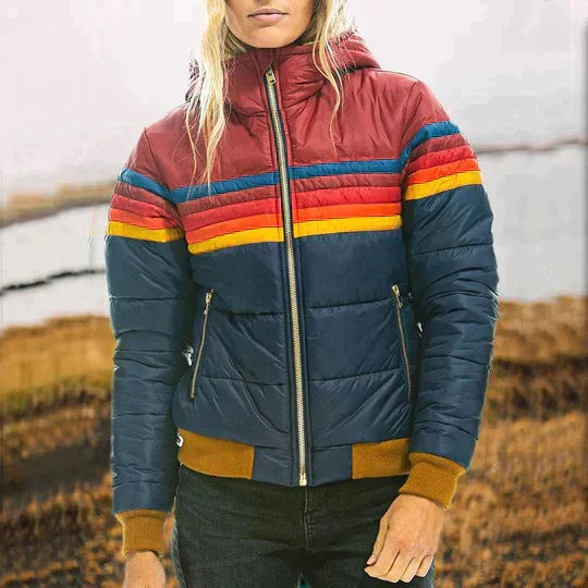 Women's hooded quilted jacket with horizontal multicoloured stripes