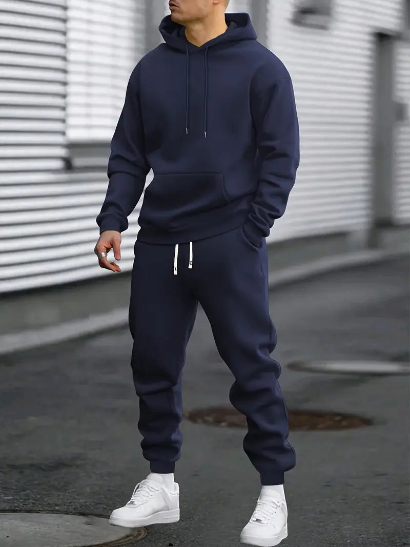 Men's hooded sweatshirt and jogger set with drawstring details and kangaroo pocket