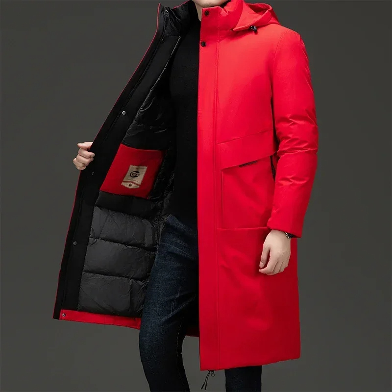 Men's long padded hooded winter coat with high collar and flap pockets