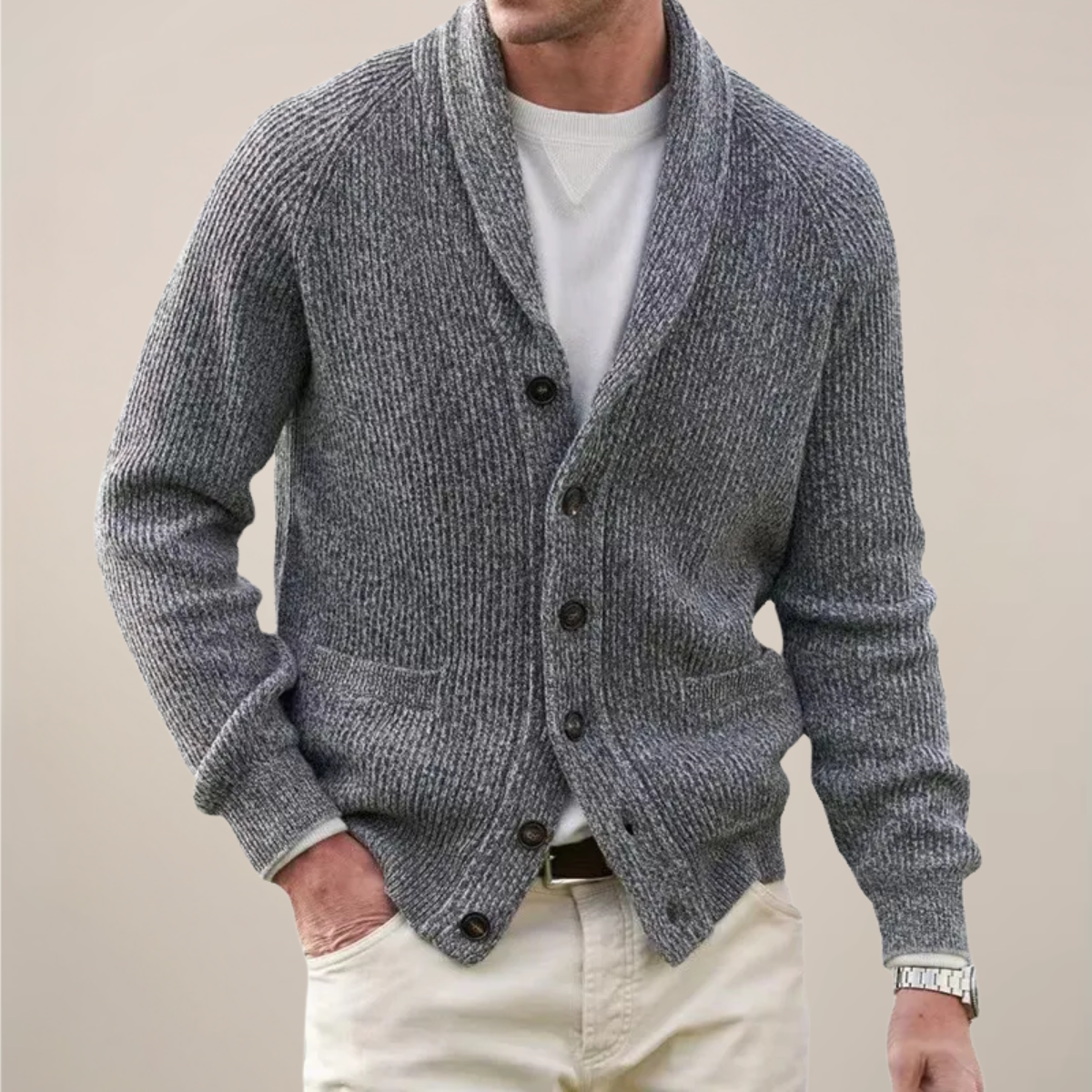 Men's ribbed knit cardigan with shawl collar, button front and patch pockets