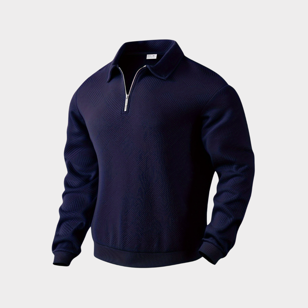 Men's textured half-zip collared jumper with long sleeves and ribbed trims
