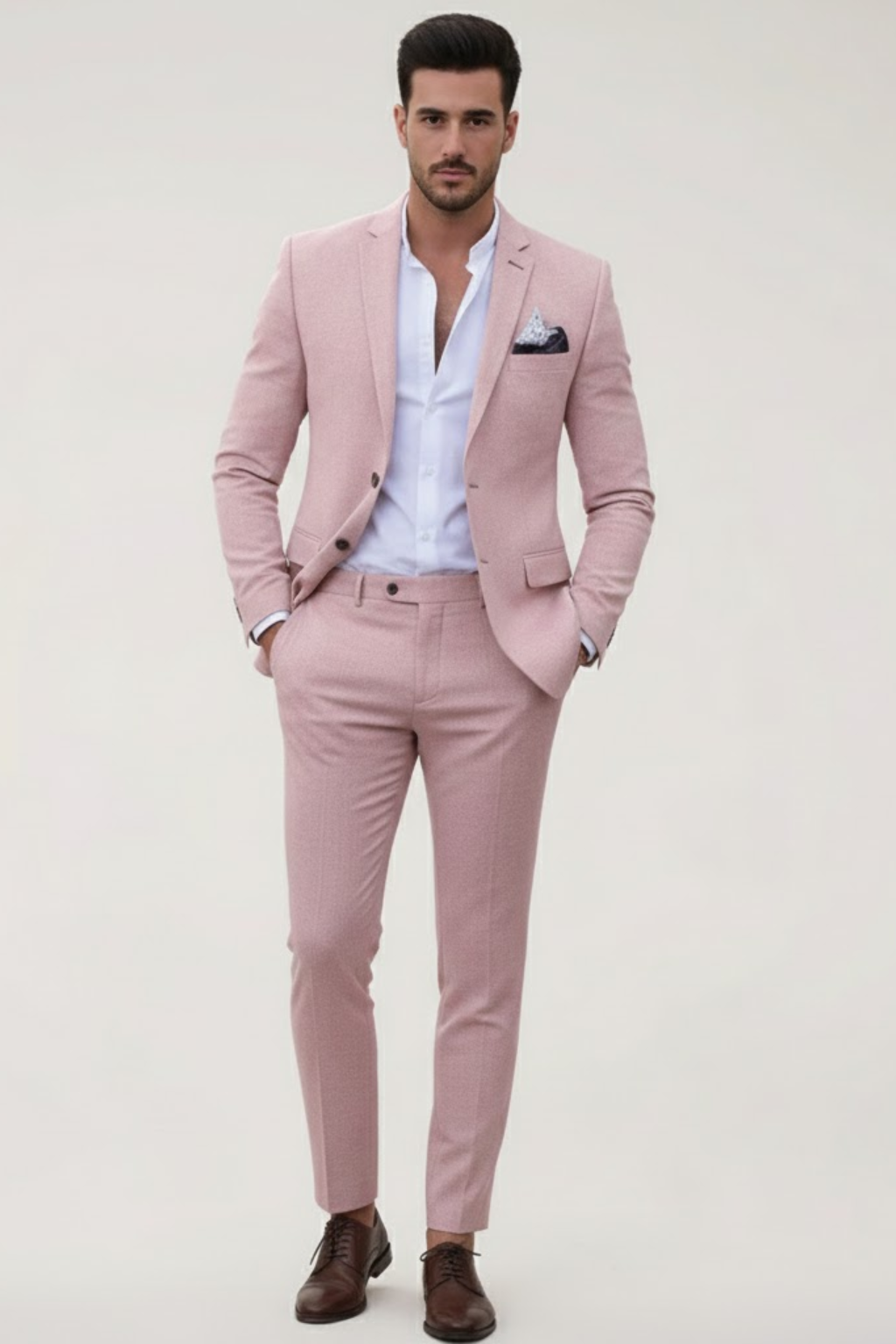 Men's slim-fit two-piece suit with notch lapel, long-sleeve jacket and tapered trousers
