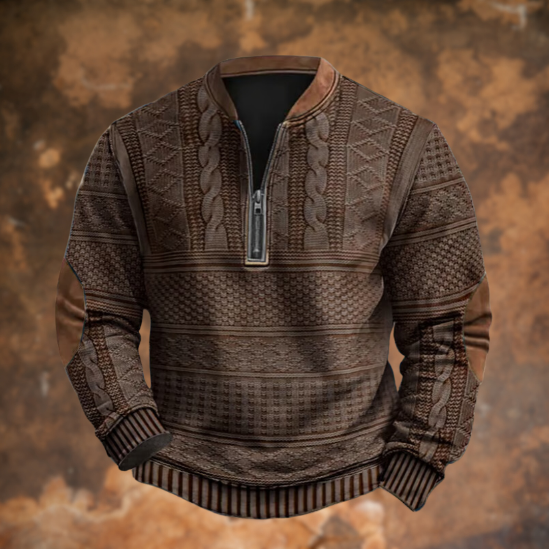 Men's patterned quarter-zip jumper with stand collar and ribbed trims