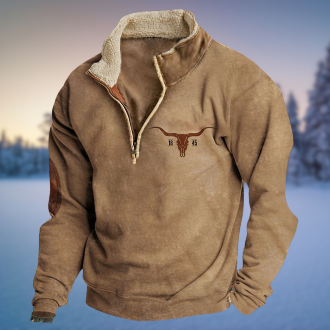 Men's half-zip pullover jumper with geometric patterned sleeves and front pouch pocket
