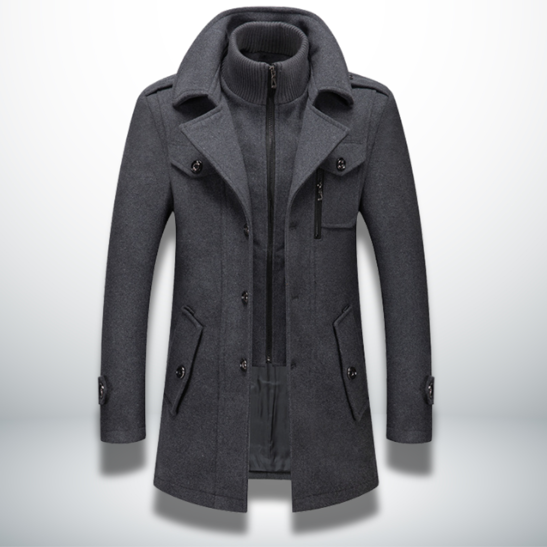 Men's long smart casual coat with high collar, lapels, buttons, zip fastening and multiple pockets