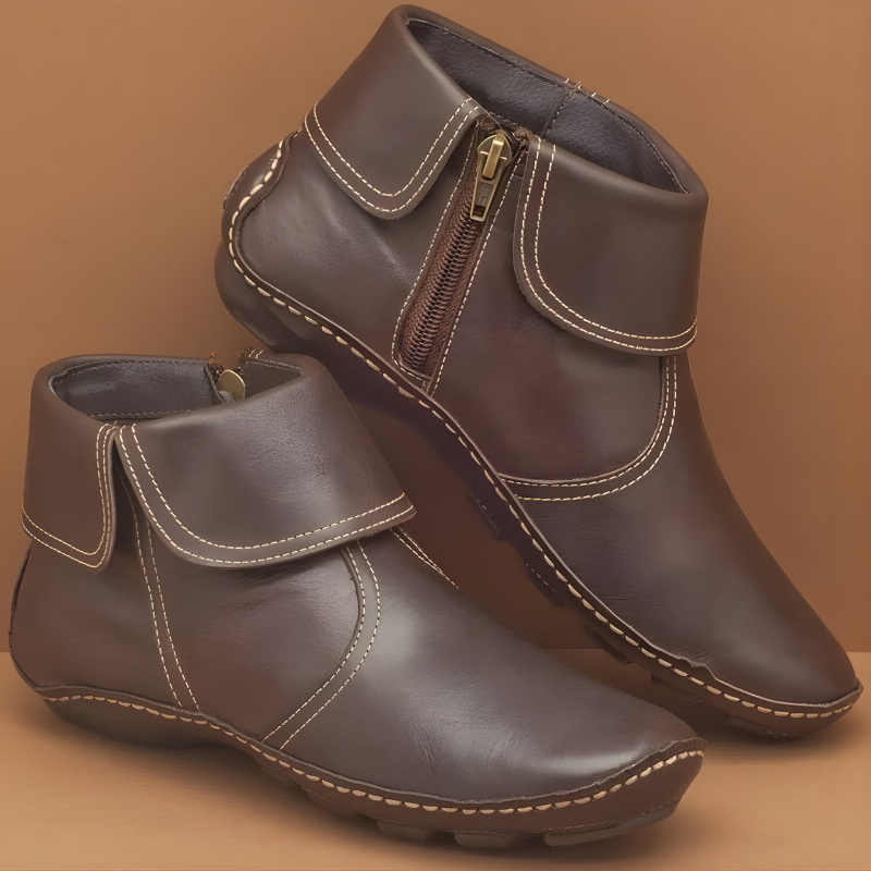Women's ankle boots with fold-over collars, side zips, rounded toes and low heels