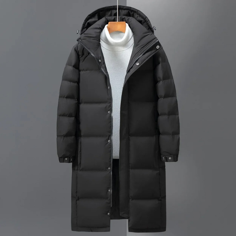 Men's long hooded quilted padded coat with zip and press-stud front