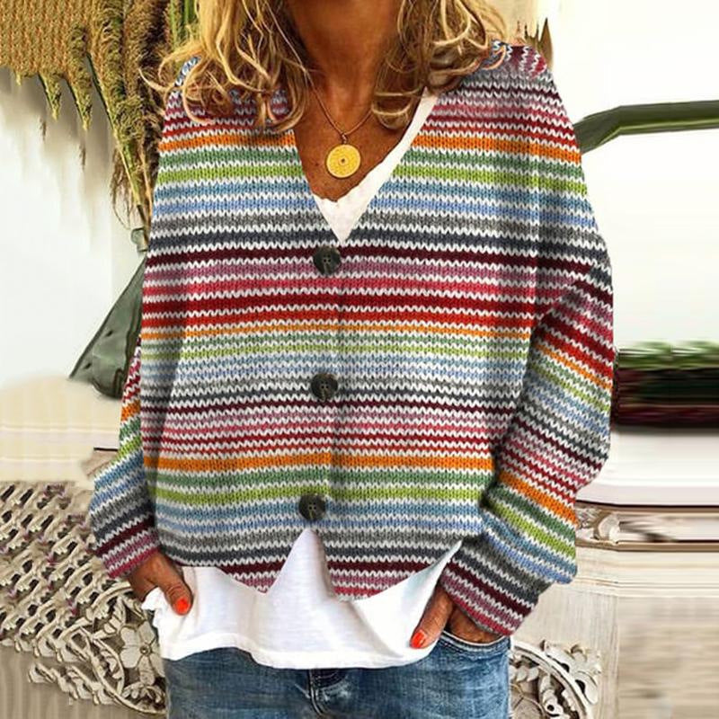 Women's striped knitted cardigan with V-neckline and button front