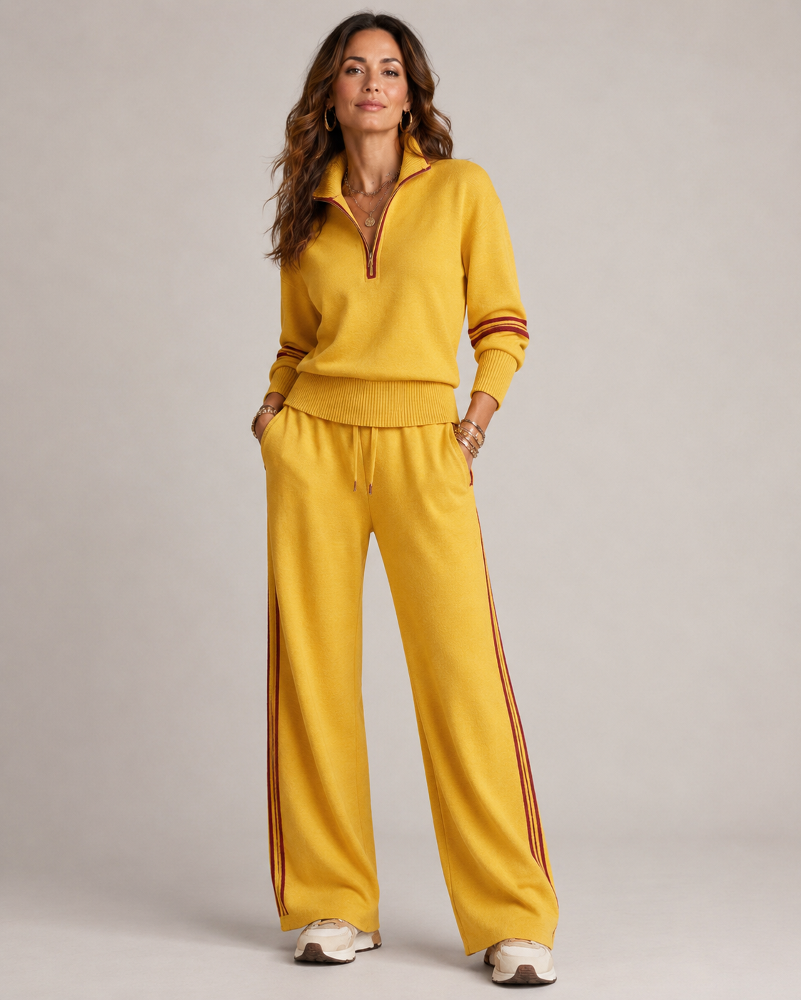 Women's zip sweater and wide-leg trousers set with striped trim