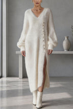 Women's plain knitted midi dress with V-neck, button front and balloon sleeves