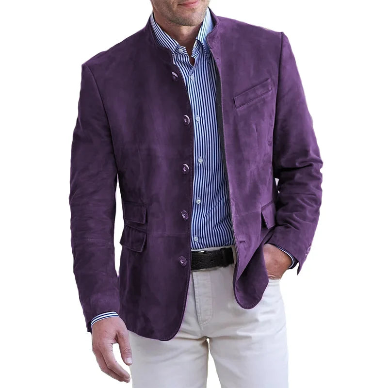 Men's mandarin collar blazer with button front and flap pockets