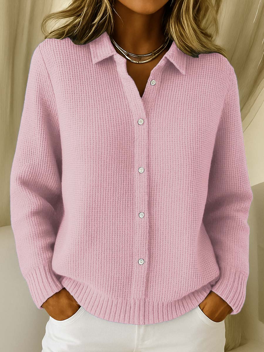 Women's ribbed button cardigan with shirt collar and long sleeves