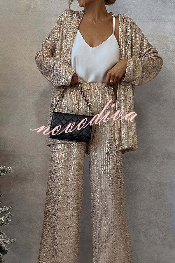 Women's open-front sequin jacket with long sleeves and draped fit