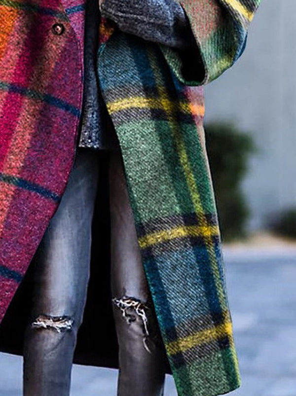 Women's multicoloured checked longline coat with lapel collar and three-quarter sleeves