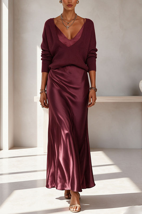 Women's ribbed V-neck sweater and flowing ankle-length skirt set