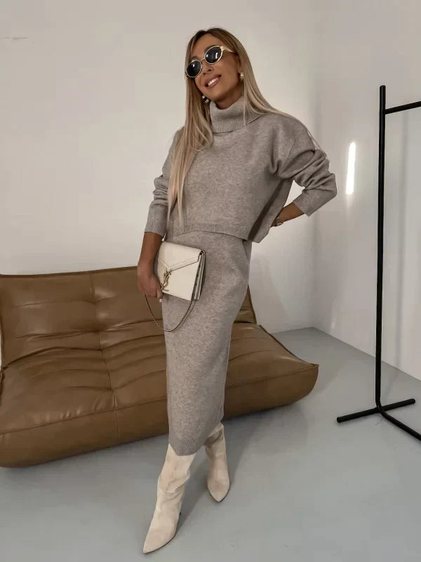 Women's midi dress and turtleneck jumper set with ribbed trims