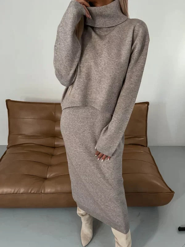 Women's midi dress and turtleneck jumper set with ribbed trims