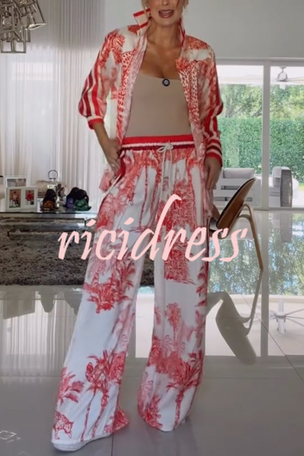 Women's red jungle print shirt and wide leg trousers set with striped detailing
