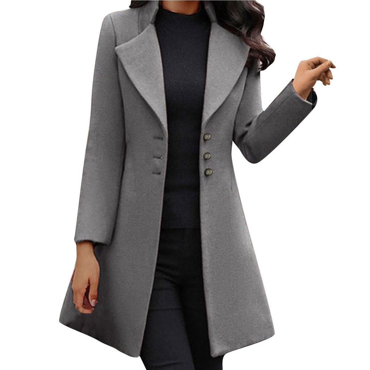 Women's long tailored coat with notched lapels and button front
