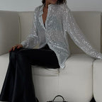 Women's long-sleeved sequin blouse with pointed collar and button front