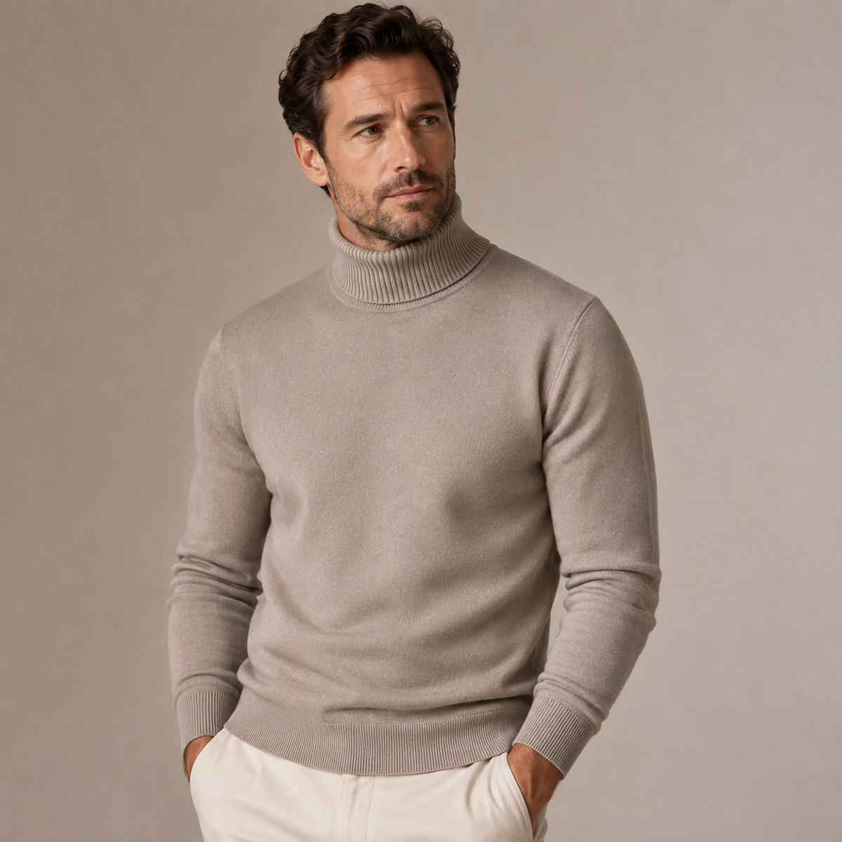 Men's plain turtleneck sweater with long sleeves and ribbed trims