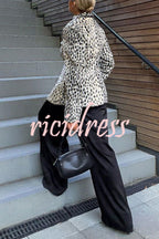 Women's beige leopard print jacket with lapel collar and long sleeves