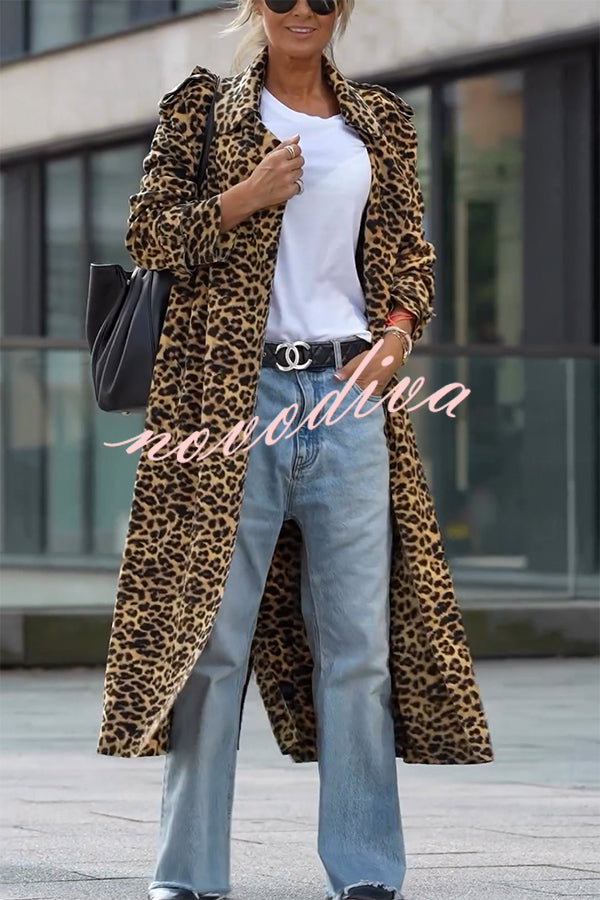 Women's longline leopard print coat with lapels and long sleeves
